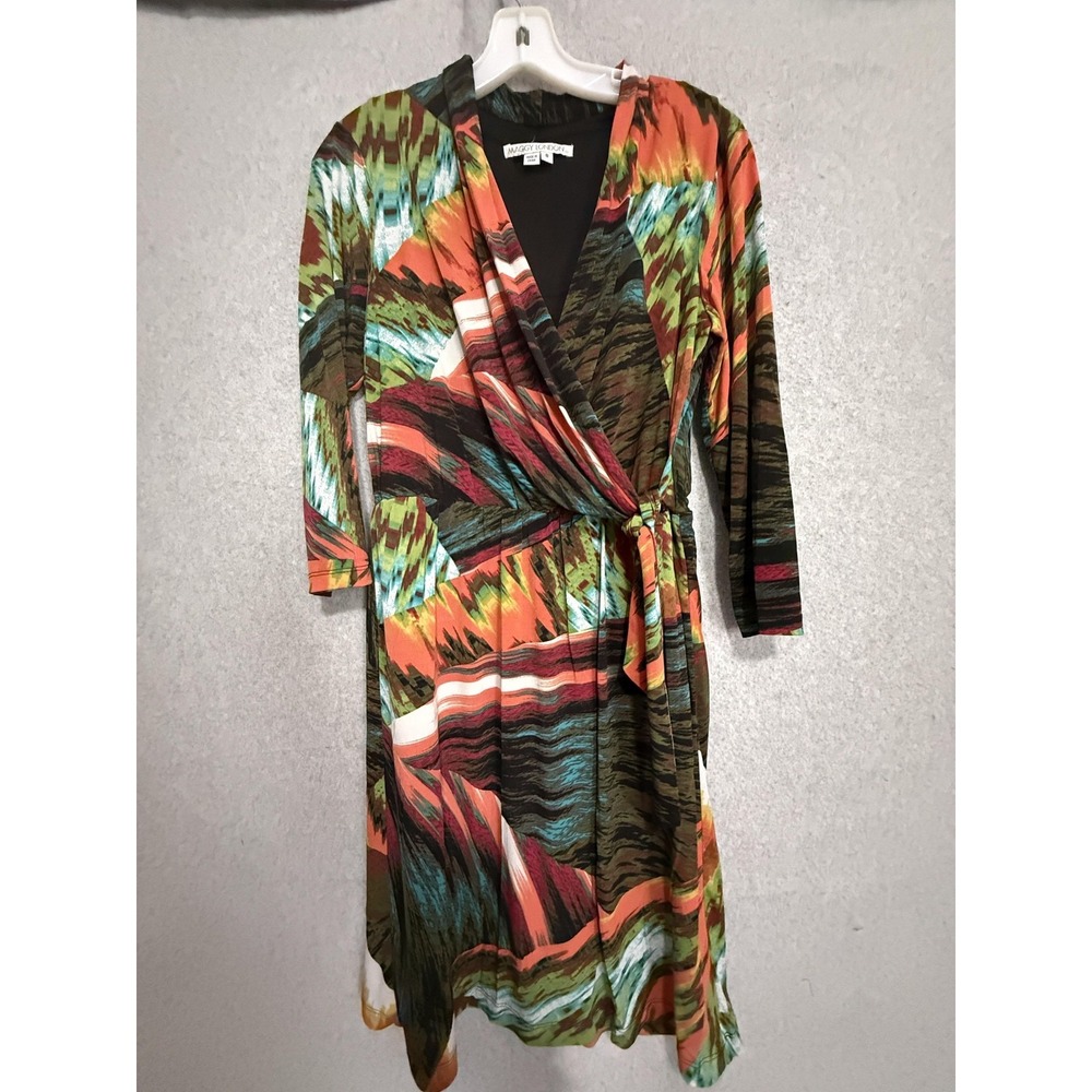 Maggy London Dress‎ Womens 8 Multicolor Geometric Wrap 3/4 Sleeve Belted Jersey